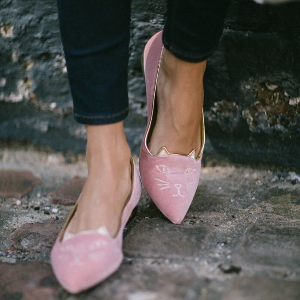 Charlotte Olympia Mid Century Kitty Cat Pink Velvet Pointed Flat EU 36 US 5.5-6 - Picture 11 of 12